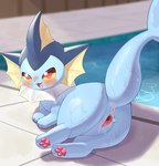 absurd_res anus blue_body blush blush_lines bodily_fluids body_blush butt claws detailed_background eeveelution esteen feet female feral generation_1_pokemon genital_fluids genitals glistening glistening_body heart_eyes heart_symbol hi_res looking_at_viewer lying_on_the_floor nintendo open_mouth open_smile pawpads paws pokemon pokemon_(species) pussy pussy_blush pussy_spreading_tape raised_tail rear_view smile solo spread_pussy spreading sweat swimming_pool tail tail_anus tape toe_claws toes urethra vaginal_fluids vaporeon water water_drop wet wet_body yellow_eyes