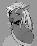 anthro breasts cigarette clothing eyebrows female grey_background hair long_hair looking_at_viewer simple_background smoking smoking_cigarette solo topwear zeekzag equid equine horse mammal 2020 bust_portrait digital_drawing_(artwork) digital_media_(artwork) hi_res monochrome portrait