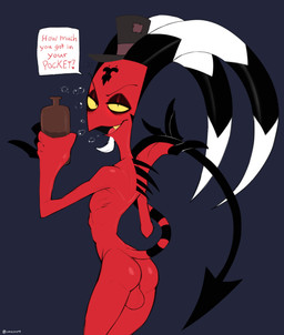 alcohol balls beard beverage butt clothing dialogue drunk facial_hair genitals goatee hat headgear headwear horn male not_furry nude open_mouth open_smile red_body simple_background smile solo spade_tail substance_intoxication tail text cyancoyote hellaverse helluva_boss cash_buckzo demon demon_humanoid horned_humanoid humanoid imp tailed_humanoid 2022 absurd_res english_text hi_res