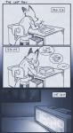 2016 anthro belt biped blue_and_white bottomwear canid canine chair cheek_tuft clothing comic desk dialogue disney english_text facial_tuft fox fur furgonomics furniture hi_res male mammal monochrome nick_wilde office_chair pants red_fox rockbottomfeeder simple_background solo table text true_fox tuft zootopia