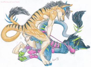 anatomically_correct anatomically_correct_genitalia anatomically_correct_vulva animal_genitalia animal_penis animal_vulva anthro anthro_on_anthro anus ass_up backsack balls bdsm black_hair blue_body blue_fur bodily_fluids bondage bound canine_genitalia canine_penis canine_vulva collar cum cum_in_vagina cum_inside dominant dominant_male duo erection female female_penetrated from_behind_position fur genital_fluids genitals hair knot leash lying male male/female male_penetrating male_penetrating_female muzzle_(object) muzzled nude on_front orange_body orange_fur penetration penile penile_penetration penis penis_in_vagina raised_tail sex submissive submissive_female tail vaginal vaginal_penetration vulva toots anahita_(ichi_black) atticus_(jollyzjackal) canid canine dasyuromorph hybrid mammal marsupial recently_extinct_species thylacine unknown_species 2013