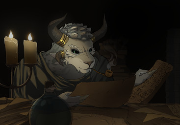 anthro book candle candlelight claws fur furniture grey_body grey_fur horn light male paper potion reading sitting smoke smoking smoking_pipe solo table viggo guild_wars charr felid feline mammal hi_res