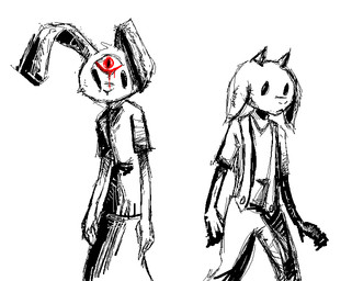 3_eyes anthro blood blood_from_eye bodily_fluids bottomwear clothing duo female horn long_ears multi_eye overalls red_eyes shirt simple_eyes skirt topwear elucidativeillusionist nan_quest ruby_quest nan_(nq) ruby_(rq) bovid caprine goat hare lagomorph leporid mammal 2017 monochrome sketch