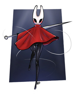 2_horns biped black_body black_eyes blush cloak clothed clothing empty_eyes eyelashes featureless_crotch female holding_melee_weapon holding_object holding_weapon horn melee_weapon red_cloak red_clothing solo standing thread weapon wide_hips rozboiart hollow_knight_(franchise) team_cherry hornet_(hollow_knight) arthropod 2026 4:5 absurd_res hi_res signature