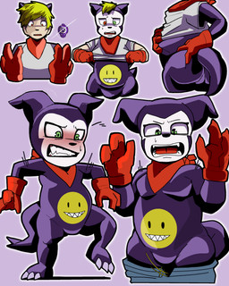 anthro belly blonde_hair blush butt clothing digivice gloves hair handwear kerchief male neckerchief neckwear null_bulge purple_body slightly_chubby solo spade_tail tail transformation transformation_sequence coolietf bandai_namco digimon digimon_(species) human impmon mammal hi_res