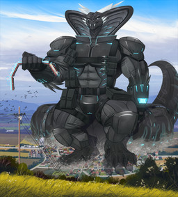 anthro big_tail black_body blue_eyes building building_destruction claws clothed clothing destruction electricity feet finger_claws fingers gear glowing glowing_eyes house looking_at_viewer macro macro_anthro macro_male male muscular muscular_anthro muscular_male outside paws pecs public_transportation rampage sky smashing snake_hood solo tail toe_claws toes topwear town train vehicle vehicle_destruction walking apron555 kai'nek_(pyronite) cobra kaiju reptile scalie snake hi_res