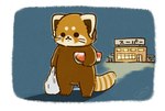 biped black_eyes black_nose brown_body dot_eyes feral food fruit melon outside plant solo text watermelon watermelon_slice shi_nominmin ailurid mammal red_panda 2023 hi_res japanese_text