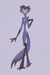 anthro collar fur grey_body grey_fur grey_hair hair intersex looking_at_viewer male maleherm nude red_eyes short_hair simple_background smile standing meribe_hb helluva_boss stolas_(helluva_boss) avian avian_demon bird demon owl owl_demon hi_res