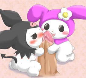 blush bodily_fluids butt chibi collaborative collaborative_fellatio collaborative_oral collaborative_sex disembodied_penis erection fellatio female genitals group hood humanoid_genitalia humanoid_penis kneeling larger_male licking male oral penile penis penis_grab penis_lick saliva sex size_difference smaller_female spade_tail sweat tail tongue tongue_out yellow_nose young suvaru onegai_my_melody sanrio kuromi my_melody demon lagomorph leporid mammal rabbit 2008