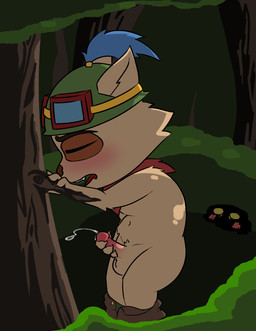 ambiguous_fluids anthro balls bent_legs bodily bodily_fluids clothed clothing cum cumshot ejaculation exhibitionism forest genital_fluids genitals humanoid_genitalia male masturbation nature nude open_mouth orgasm_face outside partially_clothed penis plant solo tree friedkortola league_of_legends riot_games tencent teemo_(lol) yordle absurd_res hi_res