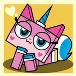 blue_eyes blue_horn eyelashes female heart_symbol horn lidded_eyes looking_at_viewer lying on_front on_model pink_body pose simple_background solo yellow_background grapefruit-face cartoon_network lego the_lego_movie unikitty! loveheart unikitty domestic_cat felid feline felis mammal 1:1 2021 digital_media_(artwork) flat_colors hi_res