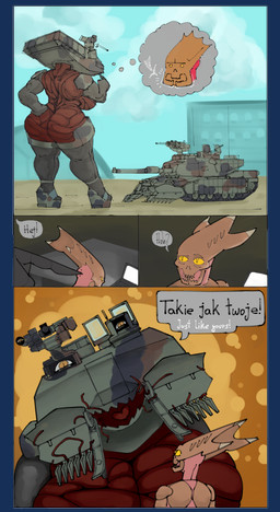 anthro big_breasts big_butt breasts building butt camo cannon clothing dialogue duo extreme_size_difference female flesh food footwear high_heels male male/female mandibles meat poking ranged_weapon red_body shoes size_difference sky speech_bubble tank_(vehicle) tendrils tentacles text thick_thighs thought_bubble vehicle weapon wedge_(footwear) yellow_eyes drozhi blizzard_entertainment general_dynamics m1_abrams starcraft biomechanical hydralisk_(starcraft) zerg absurd_res alpha_channel comic english_text hi_res polish_text