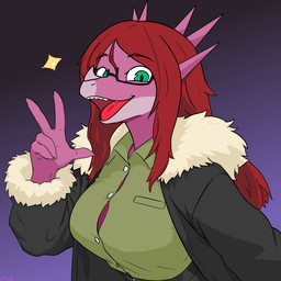 anthro big_breasts biped breasts brown_hair clothed clothed_anthro clothed_female clothing collared_shirt dress_shirt eyebrow_through_hair eyebrows eyewear facial_horn female fingers front_view gesture glasses gradient_background green_eyes hair hand_gesture happy horn humanoid_hands jacket long_hair looking_at_viewer non-mammal_breasts open_clothing open_jacket open_mouth open_smile open_topwear purple_background rectangular_glasses shirt simple_background smile solo sparkles text three-quarter_view topwear translucent translucent_hair v_sign bicycle_(artist) daniela_cruz fan_character aquilops ceratopsian dinosaur marginocephalian ornithischian prehistoric_species reptile scalie 1:1 absurd_res artist_name bust_portrait colored hi_res portrait shaded