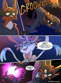 all_fours anthro blue_eyes claws clothing dialogue duo finger_claws growling hoodie male open_mouth shadow_ball speech_bubble text tilde_after_text topwear yellow_eyes odeko-yma nintendo pokemon pokemon_mystery_dungeon spike_chunsoft pix_(odeko-yma) eeveelution generation_6_pokemon generation_8_pokemon pokemon_(species) sylveon thievul 2026 absurd_res comic digital_media_(artwork) english_text hi_res signature