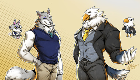 5_fingers accessory anthro beak belt biceps biped black_eyebrows blue_eyes bottomwear brown_eyes clothed clothing dotted_background eyebrows eyewear feathers fingers front_view fully_clothed fur glasses gradient_background grey_body grey_feathers grey_fur grey_tail group hand_in_pocket looking_at_viewer male multicolored_body multicolored_feathers multicolored_fur muscular muscular_anthro muscular_male necktie open_beak open_mouth open_smile pattern_background pecs pockets simple_background smile standing tail tail_feathers topwear two_tone_body two_tone_feathers two_tone_fur two_tone_tail white_body white_feathers white_tail yellow_background yellow_beak yellow_sclera fansl animal_crossing nintendo apollo_(animal_crossing) fang_(animal_crossing) accipitrid accipitriform avian bald_eagle bird canid canine canis eagle mammal sea_eagle wolf 2020 dated digital_media_(artwork) hi_res shaded signature