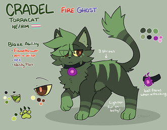 ambiguous_gender brown_eyes cheek_tuft colored_fire countershading facial_tuft feral fire fur green_body green_fur green_pawpads head_tuft lgbt_pride markings neck_markings pawpads pride_colors purple_fire solo text transgender_pride_colors tuft yellow_sclera razorwiind nintendo pokemon cradel_(transtorracat) generation_7_pokemon pokemon_(species) torracat 2025 english_text hi_res model_sheet trans_(lore) trans_man_(lore)