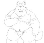 anthro asian_clothing band-aid bandage belly bulge clothed clothing clothing_lift east_asian_clothing eyes_closed fundoshi japanese_clothing kemono male navel overweight overweight_male shirt shirt_lift simple_background solo topwear underwear white_background suishou0602 canid canine canis domestic_dog mammal 2025 hi_res monochrome