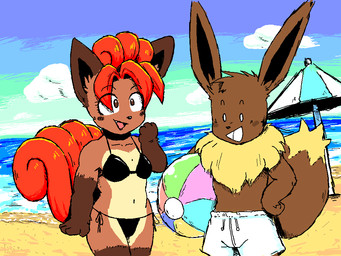 anthro ball beach beach_ball beady_eyes bikini black_bikini black_clothing black_eyes black_swimwear blush blush_stickers bottomwear brown_body brown_fur clothing cloud dipstick_tail duo eyelashes female fur gesture hand_gesture holding_tail inflatable leg_markings male markings neck_tuft pokemorph shorts smile socks_(marking) swimming_trunks swimwear tail tail_markings text tuft two-piece_swimsuit umbrella white_bottomwear white_clothing white_shorts jisito nintendo pokemon flori_(jisito) inti_(jisito) eevee generation_1_pokemon pokemon_(species) vulpix