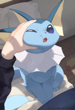 ambiguous_gender blue_body blue_eyes blue_fur duo face_squish fangs feral feral_focus fingers fur hand_on_cheek open_mouth solo_focus squish tail teeth olyester nintendo pokemon eeveelution generation_1_pokemon human mammal pokemon_(species) vaporeon 2025