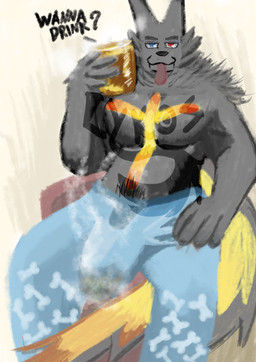 anthro bodily_fluids clothing dialogue genital_fluids male shirtless shirtless_anthro shirtless_male sitting solo steam text urine urine_in_glass wet wet_clothing wetting lykosfang lykos_fang canid canine canis mammal wolf absurd_res english_text hi_res