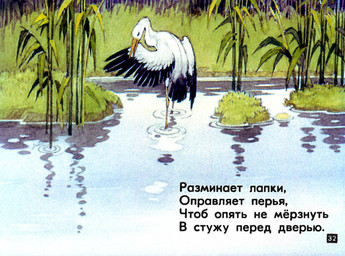 ambiguous_gender black_body black_feathers feathered_wings feathers feral grass open_mouth orange_body outside partially_submerged plant solo standing text water white_body white_feathers wings pyotr_repkin avian bird stork white_stork 1983 russian_text translated translation_check