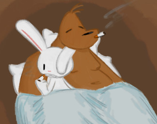 after_sex after_sex_smoking anthro bed brown_body cigarette duo furniture long_ears lying lying_on_bed male male/male moobs nude nude_male on_bed overweight sharp_teeth size_difference smoke smoking smoking_cigarette teeth white_body minnet21 sam_and_max max_(sam_and_max) samuel_dog canid canine canis domestic_dog lagomorph leporid mammal rabbit 2025 colored