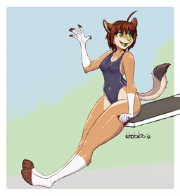 5_fingers anthro barefoot breasts brown_body brown_fur clothing feet female fingers fur gesture green_nose hair looking_aside medium_breasts navel_outline one-piece_swimsuit open_mouth red_hair simple_background sitting smile solo swimwear tail waving hobbsmeerkat rishi_(rishi-chan) canid canine canis coyote mammal 2016 digital_media_(artwork) hi_res