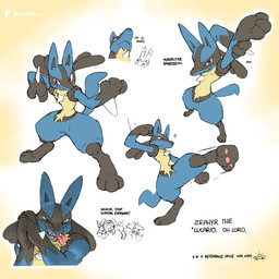 anthro black_fingers black_hands black_legs blue_arms blue_ears blue_tail digitigrade fur kick male pawpads pink_pawpads pink_tongue pose red_eyes sharp_teeth solo tail teeth text tongue tongue_out yellow_body yellow_fur dahecksajerry nintendo pokemon generation_4_pokemon lucario pokemon_(species) 1:1 english_text hi_res