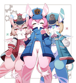 alternative_fashion ambiguous_gender anthro biped black_nose blonde_hair blue_body blue_clothing blue_coat blue_ears blue_eyes blue_fur blue_markings blue_tail blue_topwear blush bottomless bottomless_ambiguous bottomless_anthro brown_hair chibi clothed clothing coat ear_markings eyelashes eyes_closed featureless_crotch female fluffy front_view fur glistening glistening_body glistening_fur group hair hat headgear headwear j-fashion kemono leg_markings loli looking_at_viewer low-angle_view markings monotone_hair monotone_tail mouthless multicolored_body multicolored_ears multicolored_fur multicolored_tail navel on_model ouji_(fashion) pink_body pink_ears pink_fur pink_hair pink_markings pink_tail pupils red_clothing red_coat red_eyes red_topwear short_hair simple_background small_wings socks_(marking) standing tail tail_tuft thigh_gap topwear trio tuft two_tone_body two_tone_ears two_tone_fur two_tone_tail white_body white_ears white_fur white_pupils white_tail wings young young_anthro young_female kuramono genshin_impact mihoyo aeval_(genshin_impact) blathine_(genshin_impact) elphane_(genshin_impact) melusine_(genshin_impact) 2023 absurd_res colored digital_media_(artwork) hi_res portrait shaded three-quarter_portrait