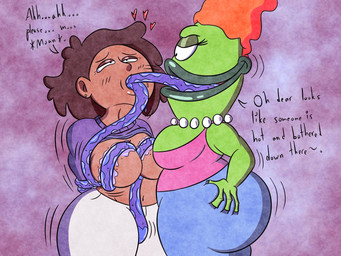 anthro beehive_(hairstyle) black_text blue_bottomwear blue_clothing blue_pants blush blush_lines bottomwear breasts brown_hair cleavage clothed clothing crossover_ship cunnilingus duo ear_piercing eyelashes female female/female female_anthro female_human fingers gem glistening glistening_lips gradient_background green_body green_lips green_skin hair hand_on_butt hand_on_own_butt heart_symbol interspecies jewelry lips long_eyelashes long_tongue looking_pleasured mature_anthro mature_female midriff moan navel necklace no_bra open_mouth oral orange_hair pants pearl_(gem) pearl_necklace piercing pink_clothing pink_shirt pink_topwear purple_background purple_clothing purple_sweater purple_tongue purple_topwear sex shirt simple_background sweater text thick_lips tongue tongue_bondage topwear vaginal wet_tongue white_bottomwear white_clothing white_pants titaniumtoenail amphibia_(series) disney nickelodeon rocko's_modern_life bev_bighead mrs._boonchuy amphibian beaked_toad cane_toad frog human mammal toad_(frog) true_toad 2025 4:3 crossover digital_drawing_(artwork) digital_media_(artwork) english_description english_text hi_res mother_(lore) parent_(lore)