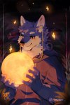 2:3 anthro black_eyes blue_body blue_fur canid canine canis clothing fur hair hi_res hoodie kenikami male mammal moon multicolored_body multicolored_fur night plant smile solo standing star topwear wolf