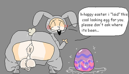 anthro anus backsack balls big_balls big_butt blush blush_lines bodily_fluids bunny_costume butt butt_flap clothed clothing costume dialogue egg embarrassed eyes_closed genitals gesture glistening grey_background holidays huge_butt looking_back male multicolored_body one_tooth onesie open_mouth puffy_anus scrotum_flap scut_tail short_tail simple_background solo standing sweat tail talking_to_viewer tan_body text thick_thighs waving waving_at_viewer whiskers x_anus nxyitn easter bababooey_(nxyitn) domestic_cat felid feline felis mammal tabby_cat aliasing digital_media_(artwork)