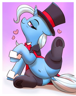 blue_body blue_hair blue_tail bow_tie cape clothing dock_(anatomy) eyebrows eyelashes featureless_crotch female feral hair half-closed_eyes hat headgear headwear heart_symbol hooves horn legwear narrowed_eyes navel null pink_eyes pose raised_leg smile solo tail underhoof unicorn_horn pabbley friendship_is_magic hasbro my_little_pony mythology trixie_(mlp) equid equine mammal mythological_creature mythological_equine unicorn 2023 digital_media_(artwork) hi_res