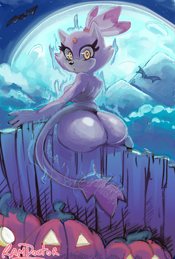 anthro big_butt breasts butt female food fruit fur hair huge_butt jack-o'-lantern looking_at_viewer looking_back looking_back_at_viewer nude outside plant pumpkin purple_body purple_fur purple_hair solo yellow_eyes ramdoctor sega sonic_the_hedgehog_(series) blaze_the_cat domestic_cat felid feline felis mammal 2025 hi_res