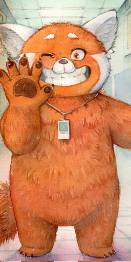 ambiguous_gender anthro featureless_crotch front_view fur gesture grin inside looking_at_viewer nude one_eye_closed orange_body orange_eyes orange_fur smile solo standing unsigned waving waving_at_viewer white_body white_fur akatan_art disney pixar turning_red meilin_lee_(turning_red) ailurid mammal red_panda full-length_portrait hi_res portrait traditional_media_(artwork)