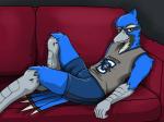 anthro billy_bluejay blue_body blue_feathers creighton_blue_jays feathers furniture looking_at_viewer sofa solo arrwulf avian 4:3