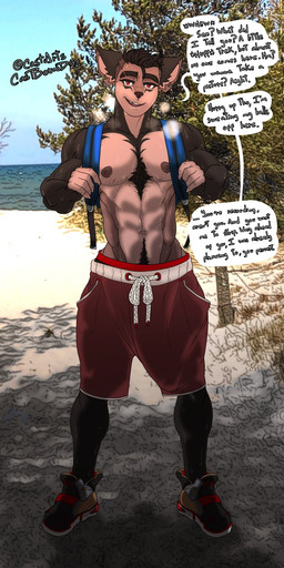 abs anthro backpack beach big_bulge bodily_fluids body_hair bottomwear bulge chest_hair clothed clothing countershading detailed_background detailed_bulge dialogue down_the_leg_bulge excessive_sweat eye_scar facial_scar fingerless_(marking) genital_outline hair happy_trail looking_at_viewer male muscular muscular_male penis_outline red_eyes scar seaside short_hair shorts solo sweat talking_to_viewer text topless castbound russell_(castbound) canid canine canis domestic_dog mammal 1:2 english_text hi_res