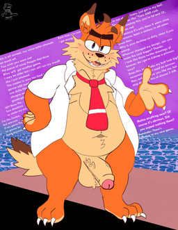anthro background_text balls beach blush bottomless breaking_the_fourth_wall brown_markings claws clothed clothing dialogue erection foreskin genitals glans half-closed_eyes hand_out humanoid_genitalia humanoid_penis humor insult looking_at_viewer male markings mostly_nude mostly_nude_anthro mostly_nude_male narrowed_eyes navel neck_tuft necktie open_clothing open_mouth open_shirt open_topwear orange_body overweight overweight_male penis pink_glans pubes pun purple_sky rambling shirt sky solo stated_age talking_to_viewer tan_markings tan_penis teeth teeth_showing topwear tuft water white_clothing white_shirt white_topwear cowprintsoda bubsy_(series) bubsy_4d bubsy_bobcat bobcat felid feline lynx mammal hi_res