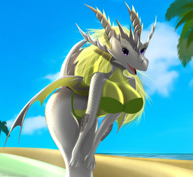 anthro beach big_breasts bikini blonde_hair breasts clothing eyelashes female grey_body grey_scales hair horn looking_at_viewer membrane_(anatomy) membranous_wings non-mammal_breasts open_mouth outside purple_eyes scales seaside sky smile solo swimwear tail thick_thighs two-piece_swimsuit wide_hips wings telleryspyro european_mythology heralds_of_the_avirentes mythology azaries_amnera dragon mythological_creature mythological_scalie scalie western_dragon digital_media_(artwork) hi_res watermark