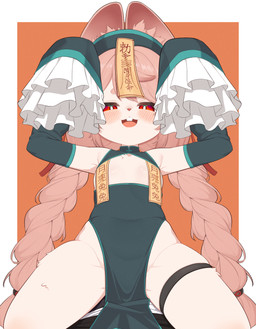 anthro armwear asian_clothing bedroom_eyes blush bottomwear braided_hair breasts buckteeth chinese_clothing chinese_dress clothed clothing detached_sleeves dress ear_piercing east_asian_clothing eyebrows female fur hair highleg inner_ear_fluff jiangshi_costume kemono loincloth loli long_hair long_sleeves looking_at_viewer narrowed_eyes naughty_face no_underwear ofuda ofuda_on_breast open_mouth pelvic_curtain piercing pigtails pink_hair pupils raised_arms red_eyes seductive sleeves_past_fingers sleeves_past_wrists small_breasts smile solo spread_legs spreading talisman teeth thick_eyebrows thick_thighs thigh_strap tuft twin_braids white_body white_fur white_pupils young young_anthro maru039 asian_mythology chinese_mythology east_asian_mythology mihoyo mythology zenless_zone_zero zhao_(zenless_zone_zero) jiangshi lagomorph mammal thiren undead absurd_res hi_res adult_(lore)