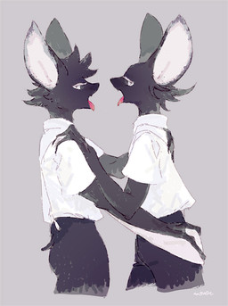 adolescent anthro bottomwear clothing collared_shirt duo hug kemono looking_at_viewer male pointy_ears school_uniform shirt shorts slim slim_anthro slim_male student tongue tongue_out topwear uniform young young_anthro young_male nagabe the_wize_wize_beasts_of_the_wizarding_wizdoms_(mucknagabe) allhoff_(mucknagabe) carreras_(mucknagabe) bat leaf-nosed_bat mammal microbat vampire_bat yangochiropteran 2017