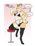 anthro cake clothed clothing crossdressing dessert digitigrade food legwear lingerie looking_at_viewer maid_uniform male solo text thigh_highs uniform waiter bran-draws-things bran_(bran-draws_things) canid canine canis domestic_dog mammal 3:4 english_text hi_res