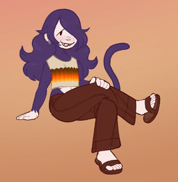 alternative_fashion anthro body_hair clothing ear_piercing femboy flip_flops footwear fur hippie male piercing purple_body purple_fur sandals shirt shoes solo tank_top topwear wonderslug maple_(wonderslug) haplorhine mammal monkey primate
