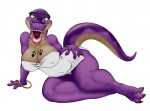 anthro big_breasts breasts feet female happy huge_breasts joyful looking_at_viewer non-mammal_breasts pose purple_body purple_scales scales solo tail toes tongue fossilizedart jurassic_beauties tyra_reckks dinosaur prehistoric_species reptile scalie theropod tyrannosaurid tyrannosauroid tyrannosaurus tyrannosaurus_rex