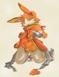 anthro balls clothed clothing clothing_lift erection fur genitals inner_ear_fluff male orange_body orange_fur penis shirt shirt_lift simple_background solo topwear tuft undressing young young_anthro young_male kosian syamu0112 sacred_blaze kattent lagomorph leporid mammal rabbit