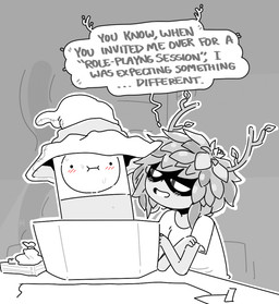 ambiguous_gender antlers blush clothed clothing duo female flirting hat headgear headwear horn innuendo leaf leaf_hair mask not_furry plant plant_hair pseudo_hair shirt speech_bubble t-shirt toony topwear discount-supervillain adventure_time cartoon_network dungeons_and_dragons hasbro wizards_of_the_coast finn_the_human huntress_wizard elemental_creature elemental_humanoid flora_fauna human humanoid mammal plant_humanoid animated digital_media_(artwork)