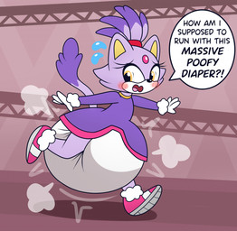 accessory amber_eyes anthro big_diaper blush bodily_fluids clothing diaper dress female forehead_gem fur fur_tuft gem hair_accessory hair_tie heel_fur huge_diaper nervous nervous_sweat open_mouth poof purple_body purple_fur royalty running solo speech_bubble sweat text tuft white_body white_fur nyxiettenyxstar sega sonic_the_hedgehog_(series) blaze_the_cat domestic_cat felid feline felis mammal english_text hi_res
