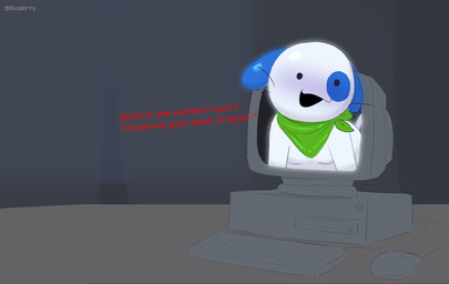 anthro black_eyes blue_body blue_ears blue_fur computer computer_keyboard computer_monitor computer_mouse curtains electronics fur furniture green_kerchief green_neckerchief inside kerchief keyboard male multicolored_body multicolored_fur neckerchief neckwear question_mark screen smile solo table tail text three-quarter_view through_screen two_tone_body two_tone_fur whiskers white_body white_fur white_tail axoarts canid canine canis domestic_cat domestic_dog felid feline felis hybrid mammal 2026 artist_name digital_media_(artwork) english_text hi_res