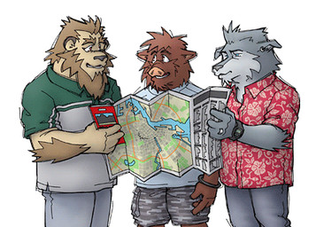 anthro bottomwear brown_body brown_fur clothing fur group humanoid_hands kemono male map pants shirt shorts simple_background topwear white_background yuuki-abe canid canine canis mammal suid suine sus_(pig) wild_boar wolf 2003 low_res