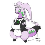 anthro big_breasts breasts clothing collar female gloves handwear maid_uniform simple_background smile solo tail text uniform white_background zamuzaza2 nintendo pokemon generation_6_pokemon goodra pokemon_(species) 1:1 japanese_text